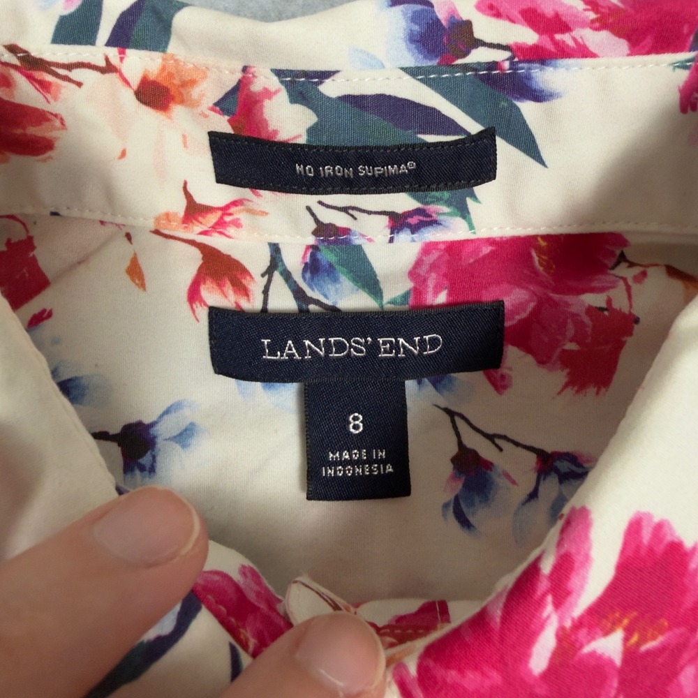 Lands End Women's 8 Floral Print Supima Cotton Button Down Shirt Long Sleeve - Picture 4 of 10